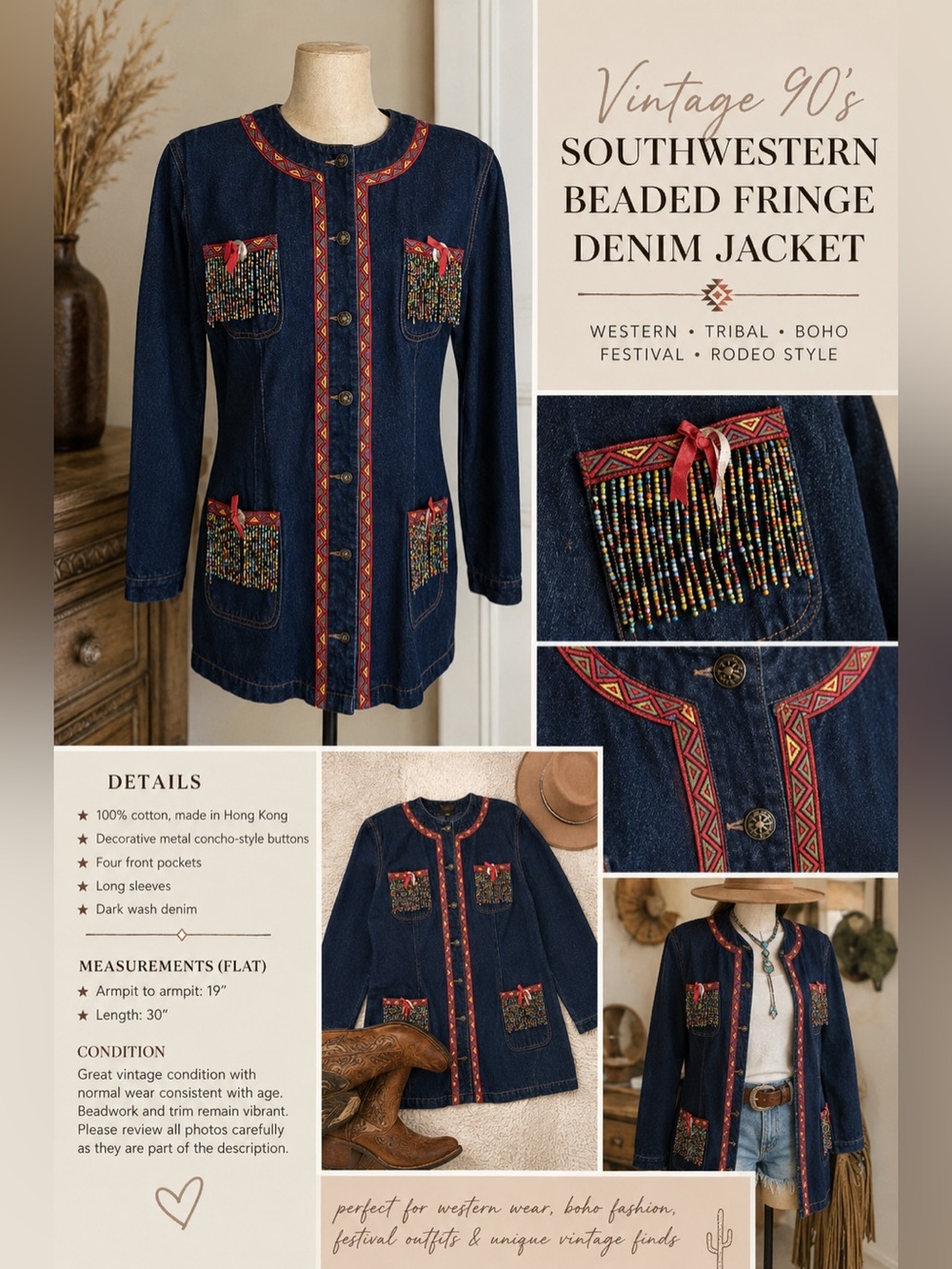 Vintage 90's Southwestern Beaded Fringe Denim Jacket Western Tribal‎ Boho size M